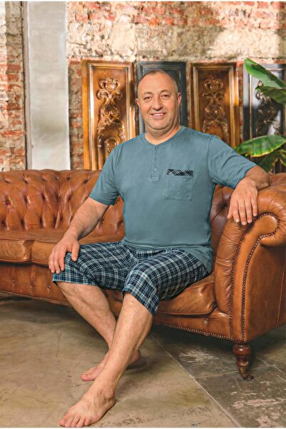 Aydoğan Men's Dinç Big Size Cotton Turquoise Bermuda Pajama Set 0080