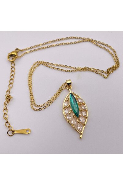 deluxe takı ve giyim Gold Color Leaf-Shaped Baget Stone Necklace