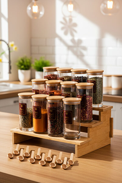 Snippy Nare - Bambu Standlı 12'li Vakumlu Kapaklı Ahşap Kaşıklı Etiketli Cam ...