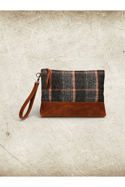 Ekose Yün Dokuma & Hakiki Deri Clutch Çanta – El Yapımı Tasarım El Çantası