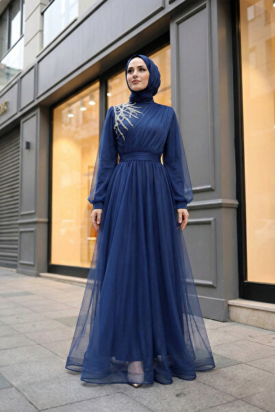 MODAQU Draped Tulle Evening Dress with Stone Detail on the Shoulder - Navy Blue