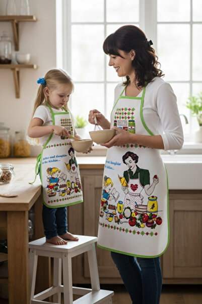 Coton Delux 2'li Anne-Kız Desenli Mutfak Önlüğü| Sıvı Geçirmez, Leke Tutmaz |...