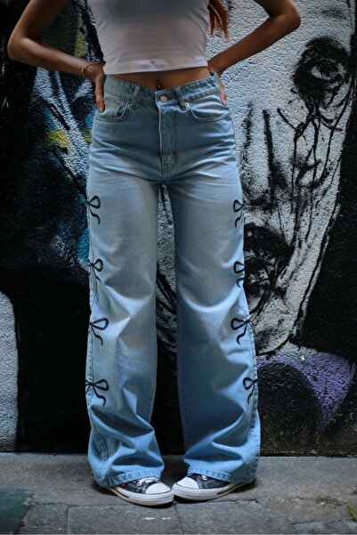 DAĞON'S Τζιν παντελόνι με κορδέλα και κέντημα, που πλένεται, σε φαρδιά γραμμή