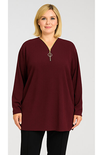 HÜLYA BUTİK Women's Plus Size Burgundy Knitwear Textured Zippered Blouse