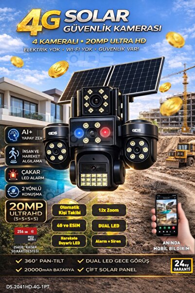 IDS 20MP Ultra HD 4 Lens Tam Kontrol Güneş Enerjili Kamera Sim Kartlı Dual Le...