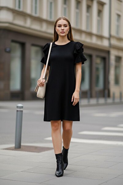 Mossta Ruffle Detailed Crew Neck Mini Wrinkled Dress - Black