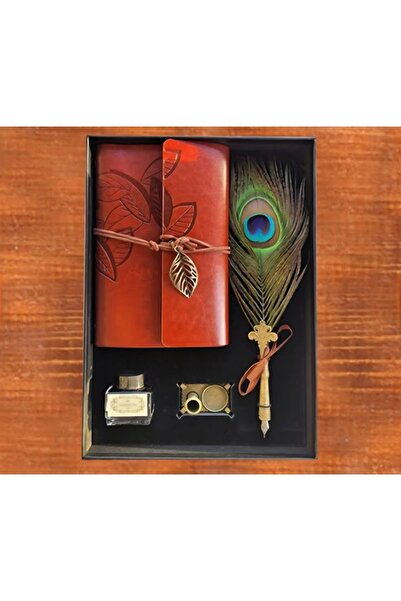 Menuzer Retro Vintage Tavuskuşu Tüylü Divit Kalem ve Eskiz-Anı Defter Seti