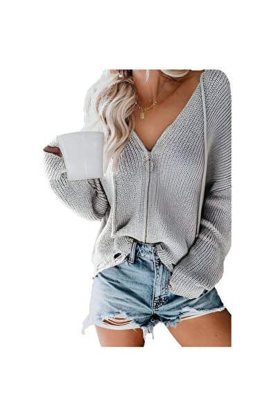 Other Women's Cardigan Sweatshirt - Soft Knit with Hooded and V-Neck - Gray, ...