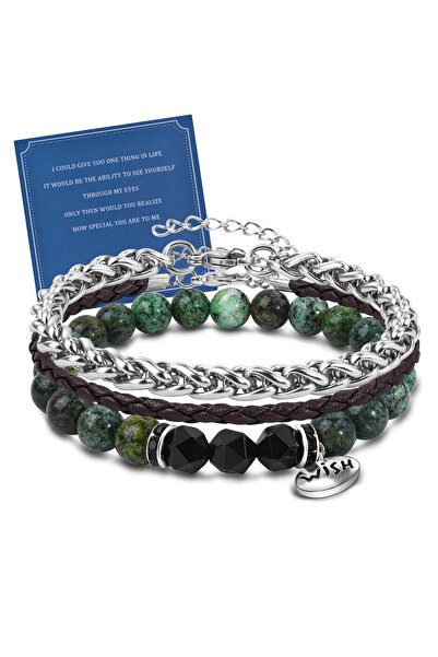 Other MANVEN Bracelet Gift Set - Leather, Stainless Steel, Natural Stones - 3...