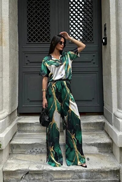 sportiness Wide-Leg Patterned Satin Fabric Shirt and Trousers Set