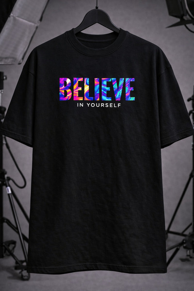 cc collection Unisex Oversize Believe in Yourself Printed Black T-Shirt