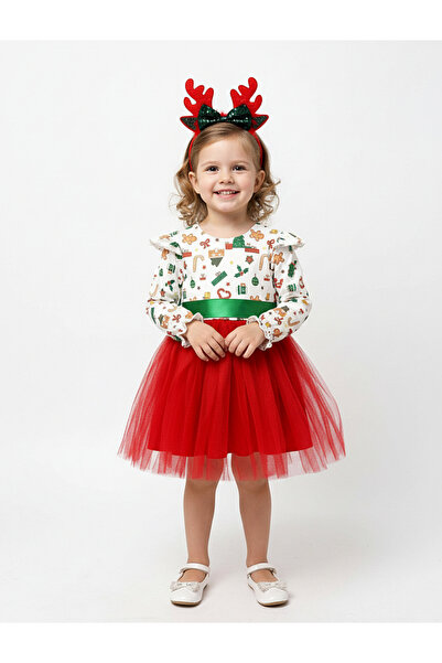MiniKids Christmas dress with headband Gifts white-red 110 (4-5 years)