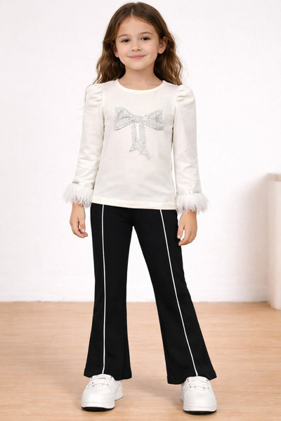 Aselin Kids Комплект за момичета с блуза с каменни детайли и панталони в испа...
