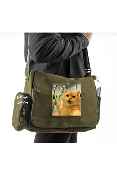 Minga London Khaki Tennis Cat Printed Messenger Bag -Mingalondon