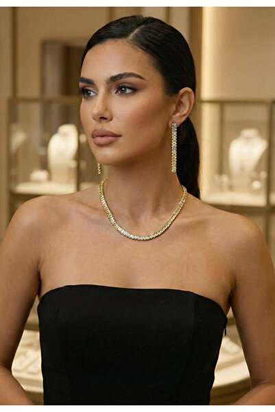 XUPİNGG Baget Taşlı Altın Suyolu Abiye Kolye ve Küpe Seti