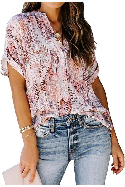 Other Women's Summer Blouse - V-Neck, Bow Collar, Short Sleeve, Casual - Brow...