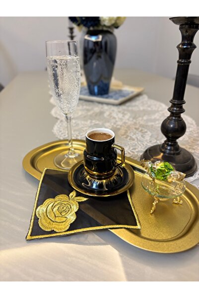 LUXURY Ödemiş ipeği üzeri 6 adet Maraş işli kahve yanı sunum peçetesi