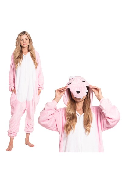 Other Women's Dinosaur Jumpsuit Pajamas — Fluffy Pink Kigurumi Costume, Hoode...
