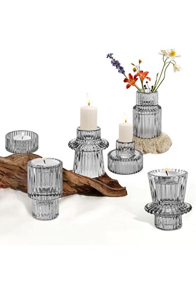 Other Set of 3 Glass Candlesticks - Boho Style, Dual Use - 3 Designs, Gray, D...