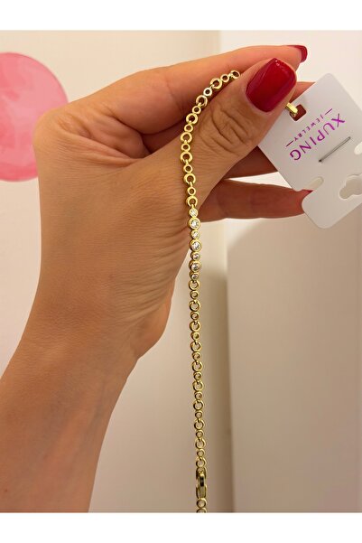 Butik XUping 14K Zirkon Taşlı Halka Zarif Bileklik 17,5cm+2,5cm ek Parçalı