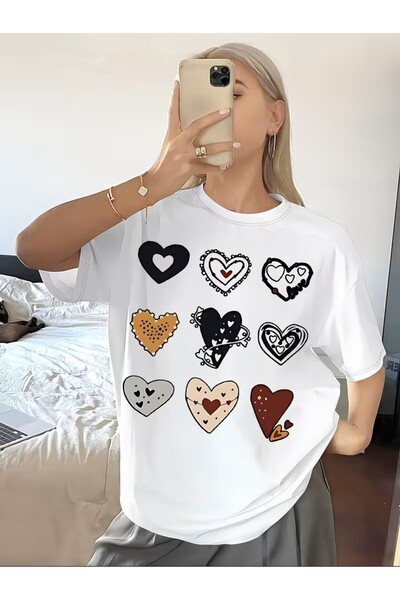 yombaa Colorful Heart Pattern Stylish Printed T-Shirt for Women, Cute and Uni...