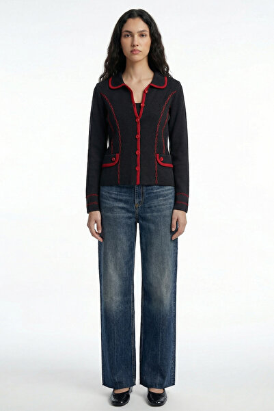 Sementa Baby Collar Buttoned Wool Knitwear Jacket - Black - Red