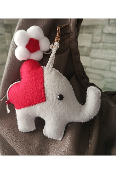 chibi Cute Elephant Heart Detailed Felt Abundance & Love Symbol Bag Charm Gift Accessory Keychain