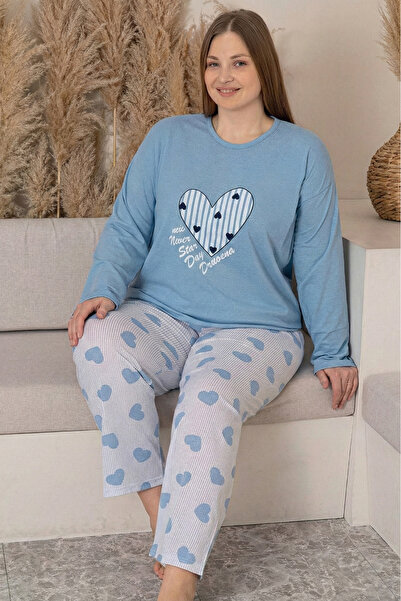 Farya Home Large Size Cotton Patterned Long Sleeve Pajama Set