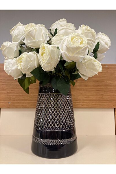 PLUS HOME Vase Cut Crystal Glass Handcrafted Transparent Black Height 28 cm L...