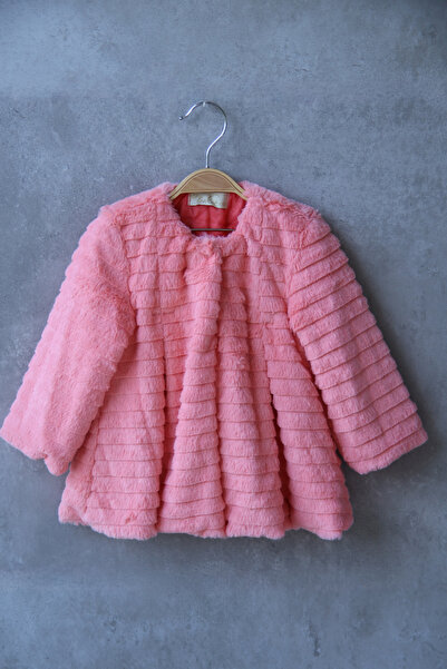 İnce Bebe Kız Çocuk Çizgili Peluş Mont Somon 1-4 Yaş