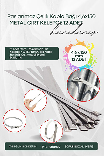 Hanedanev 12 Adet Metal Paslanmaz Cırt Kelepçe 4.6x150 mm Çelik Kablo Zip Bağ...
