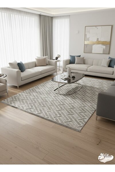 Konak Halı Modern Salon Halısı Geometrik Desenli Açık Gri Emboss Premium Kaym...