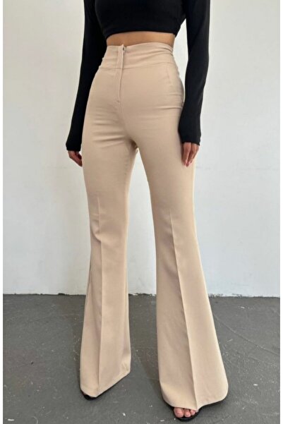 Kanonik Education Women's High Waist Flared Atlas Fabric Trousers