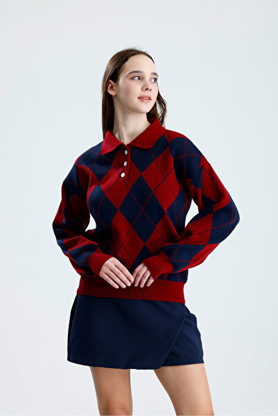 Rawanda Women's Polo Neck Diamond Pattern Knit Sweater