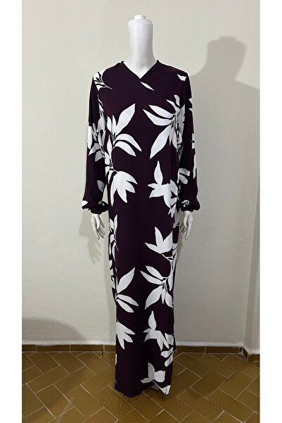 GİZGİYİM Dark Purple Patterned Side Tie Prayer Dress Plus Size