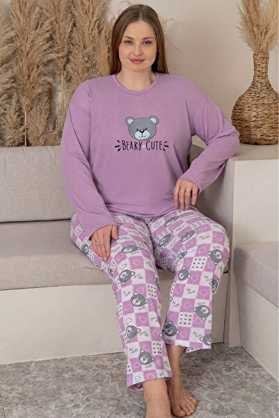 Farya Home Large Size Cotton Patterned Long Sleeve Pajama Set