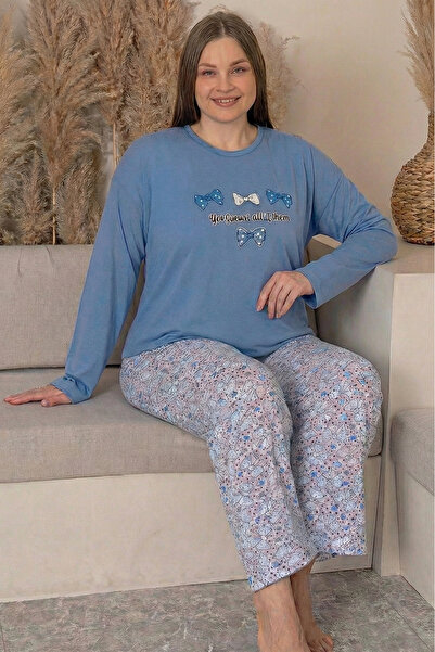 Farya Home Large Size Cotton Patterned Long Sleeve Pajama Set