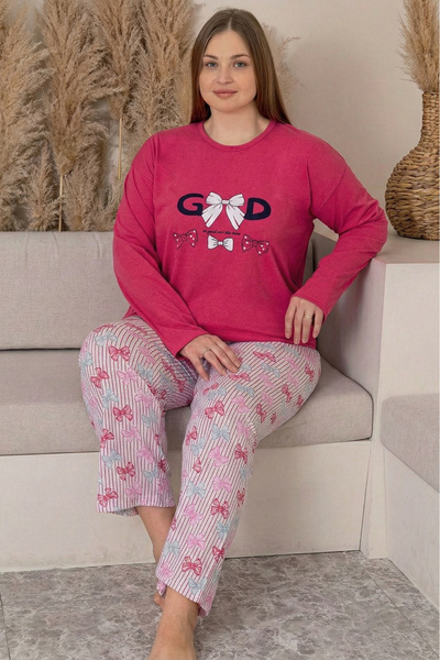 Farya Home Large Size Cotton Patterned Long Sleeve Pajama Set