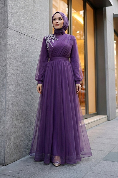 MODAQU Draped Tulle Evening Dress with Stone Detail on the Shoulder - Purple