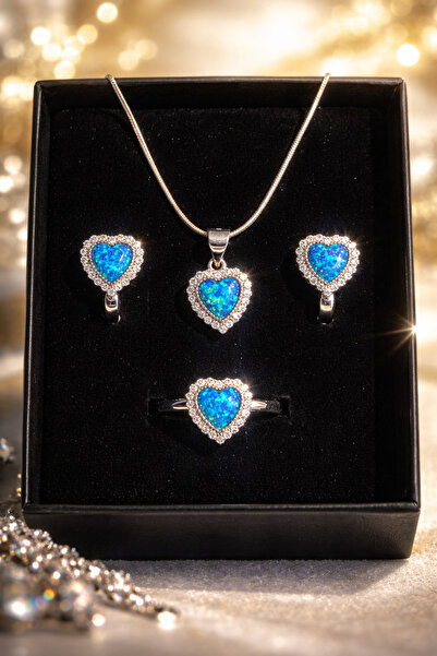 cappadociasilver 925 Ayar Gümüş Mavi Opal Kalp Taşlı Kolye Küpe Yüzük Seti – ...