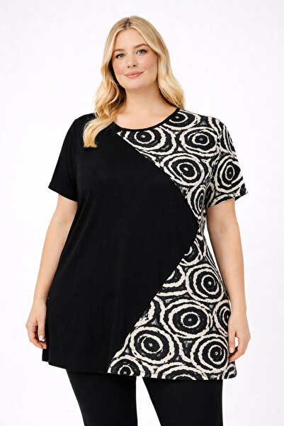 HÜLYA BUTİK Large Size Women's Cross Black and White Round Pattern Short-Slee...