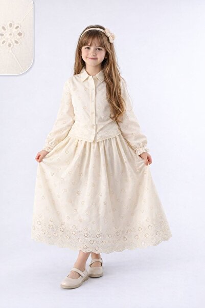 Tarz Çocuk Kız Çocuk Bej Brode Gömlek Etek Takım 7-14 Yaş – Uzun Tesettüre Uy...