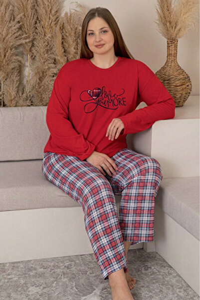 Farya Home Large Size Cotton Patterned Long Sleeve Pajama Set
