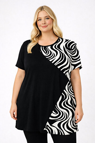HÜLYA BUTİK Large Size Women's Cross Black and White Zebra Pattern Short-Slee...