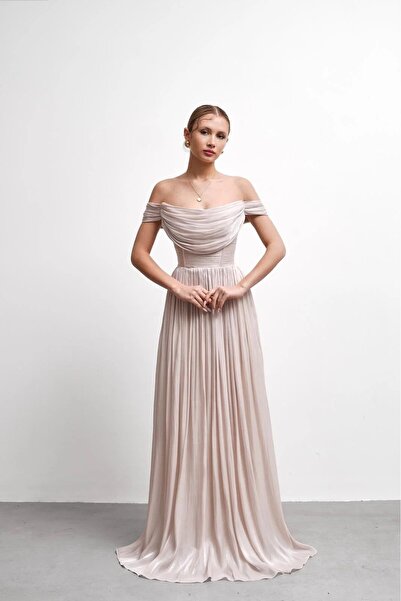 zoezoe Etike Kayık Yaka Pliseli Abiye Elbise