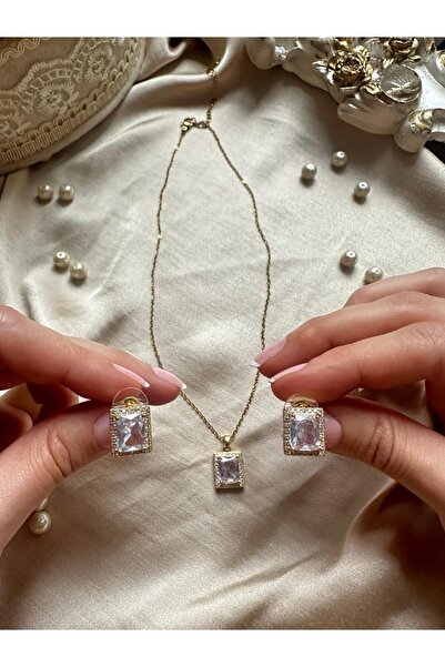 SİDRELLA JEWELRY Çelik Zirkon Taşlı Gold Kadın Kolye&Küpe Seti