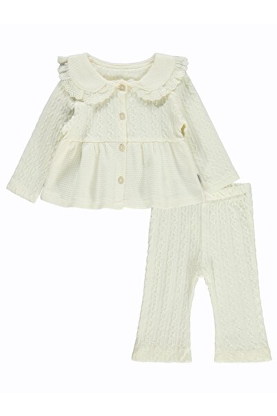Kumru Yakası Fistolu Zincir Desenli 2 Li 6-18 Ay Takım - Ekru 9-12 Ay