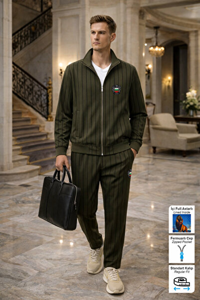 BESSA Khaki Bulgaria Emblem Printed Tracksuit Set with Zipper Pockets, Straig...