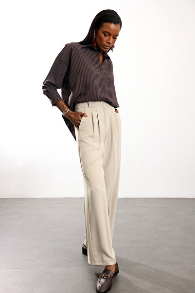 5in1Canpolat Beige Gold Buttoned Palazzo Trousers 4386