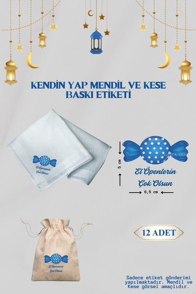 Burak Baskı Tasarım Mavi Şeker Mendil ve Kese Baskı Kağıdı, Kumaşa Ütü ile Ya...